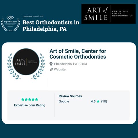 Award badge for Best Orthodontists in Philadelphia, featuring the Art of Smile - Center for Cosmetic Orthodontics logo with a 4.5-star rating from Expertise.com