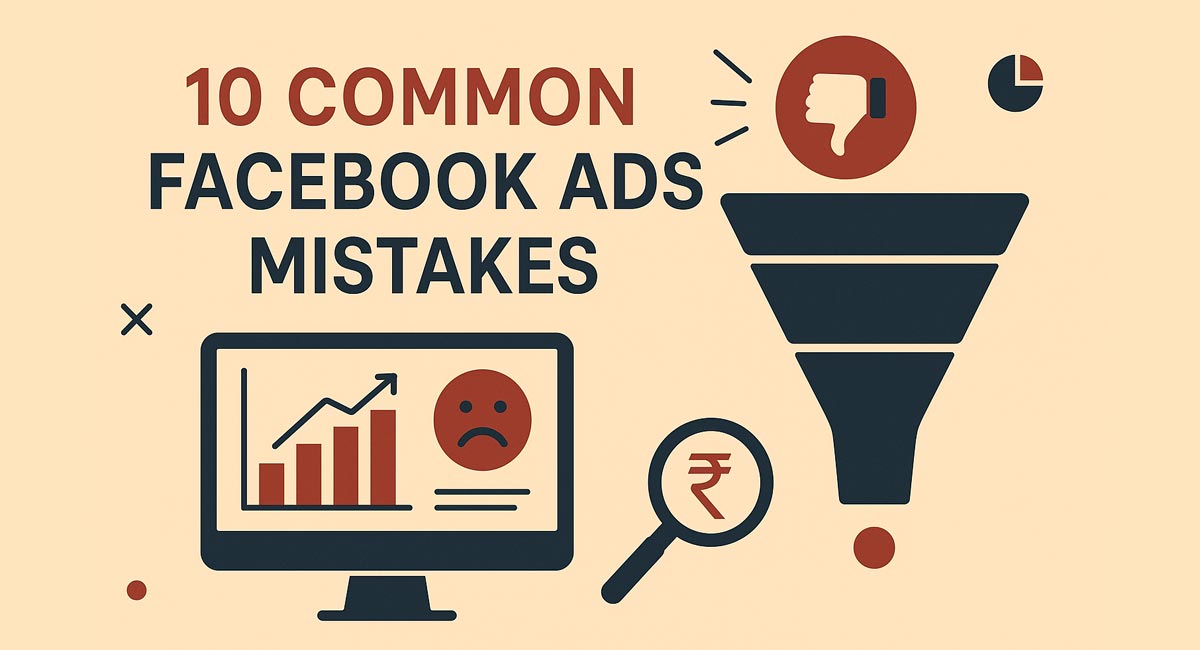 Illustration showing common Facebook Ads mistakes and optimization tips for improving ad performance.