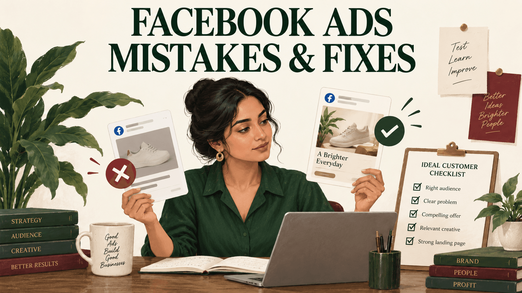 Advertising strategist holding two Facebook ad creative cards, with a customer qualification checklist