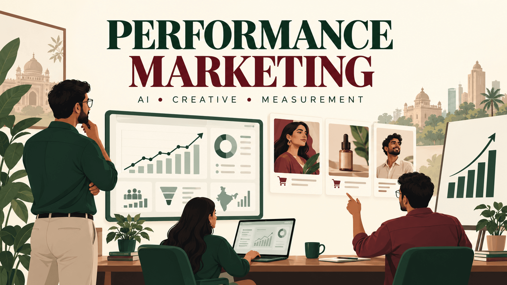 Marketing team reviewing campaign analytics, creative ads and a growth chart