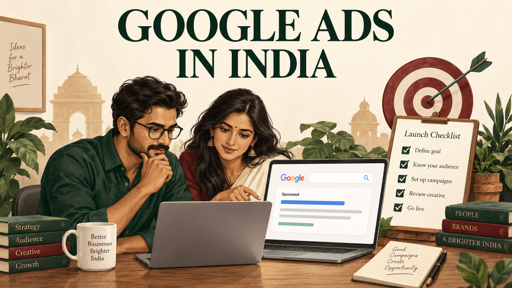 Indian business owner and strategist reviewing a Google Ads campaign and launch checklist