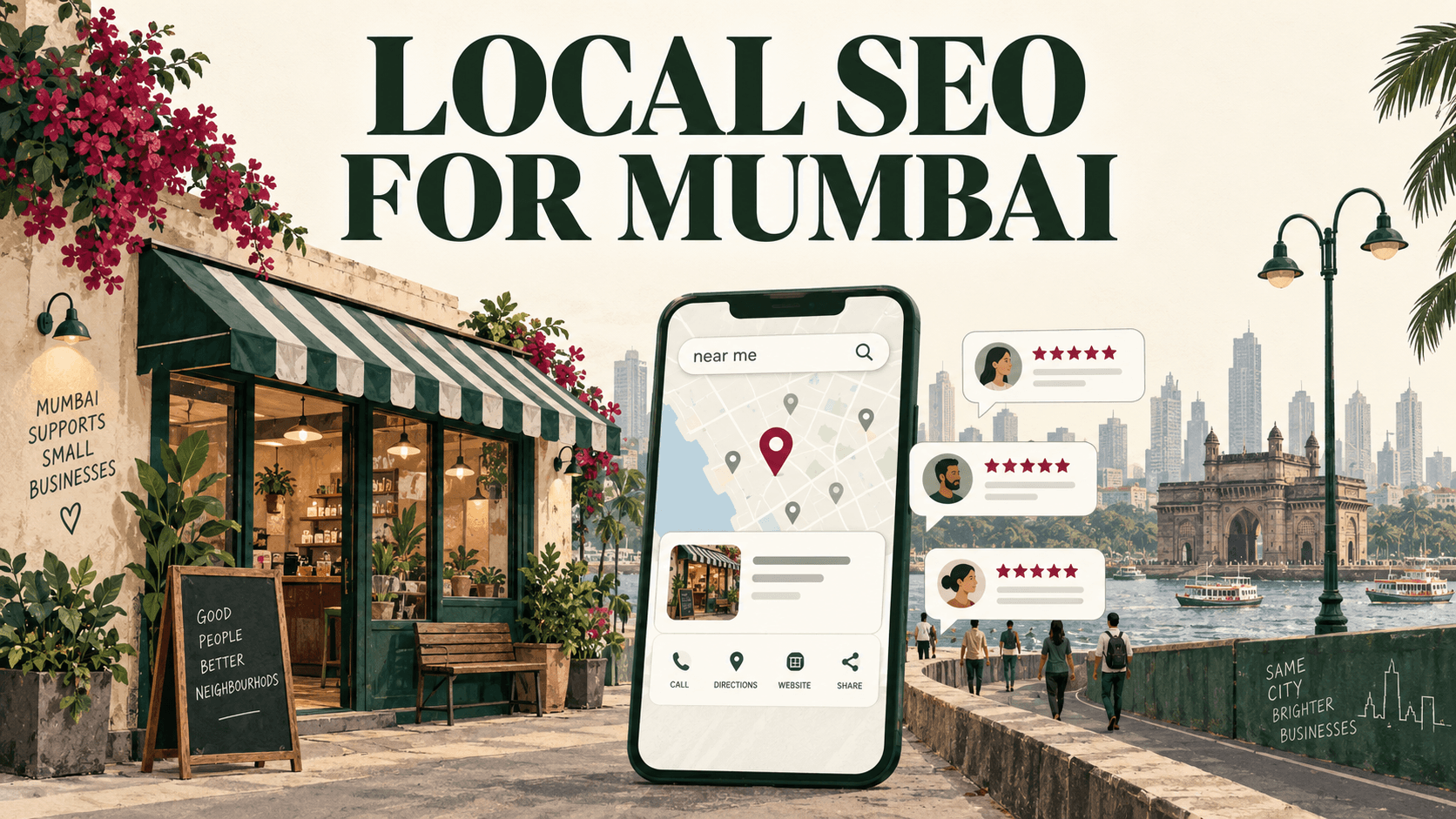 Mumbai storefront, local search map pin and customer review cards