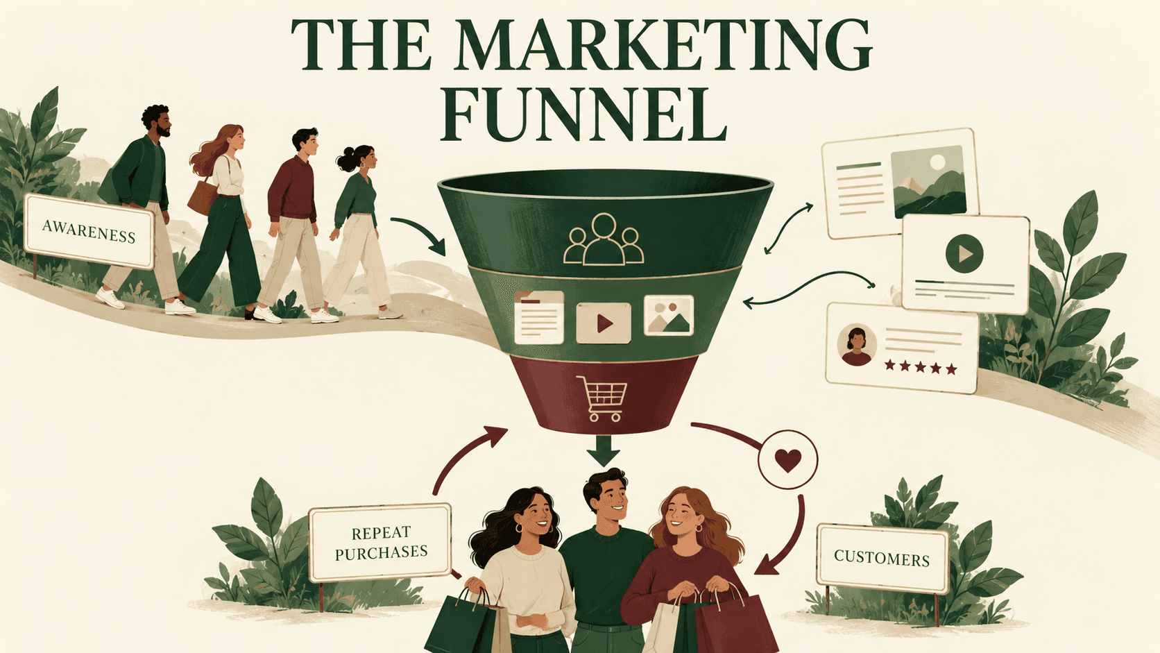 Marketing funnel connecting awareness, evaluation, customers and repeat purchases
