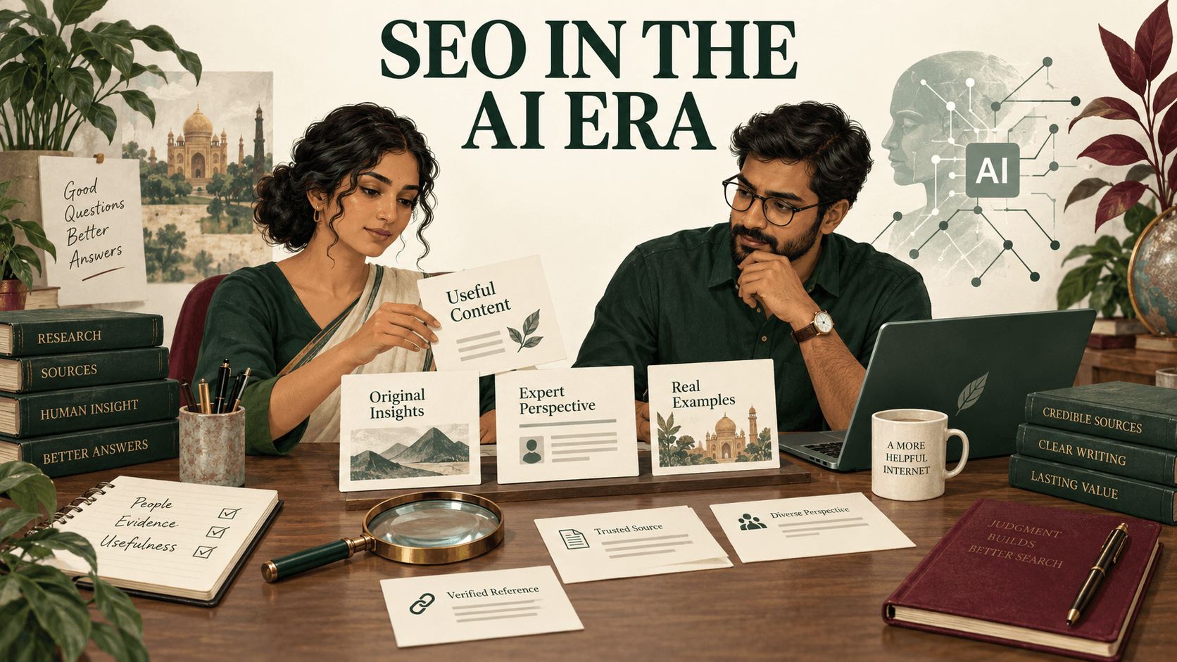 Editor and search strategist reviewing original content and sources for SEO in the AI era