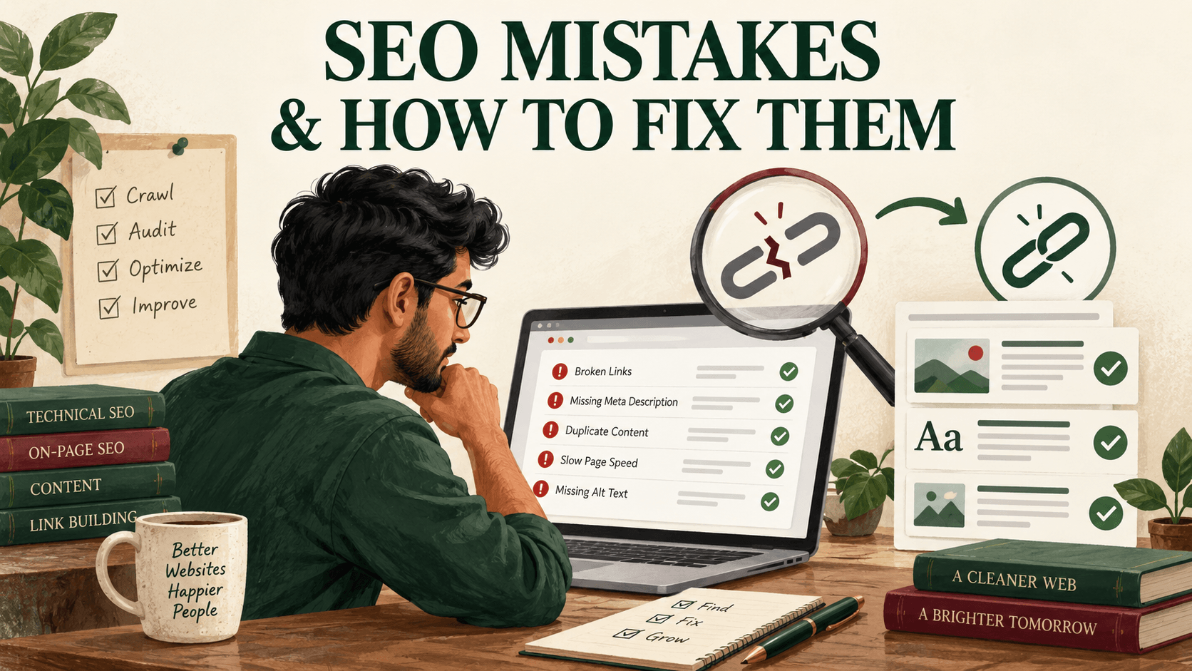 SEO specialist reviewing website audit checks and fixing broken links