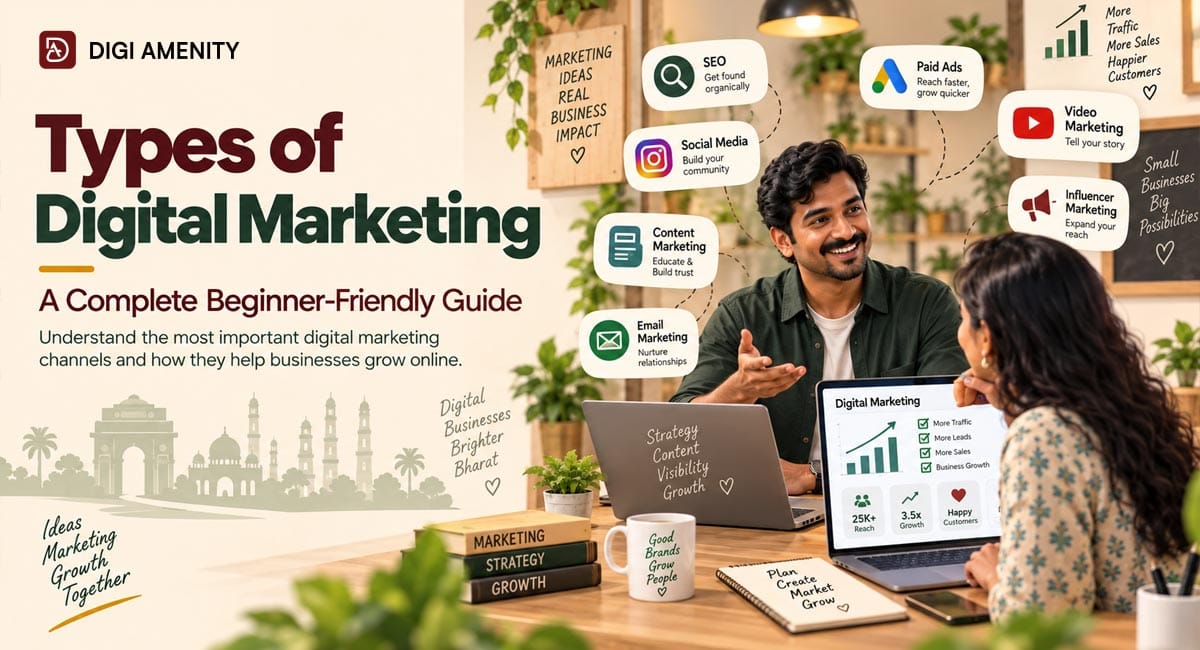 Types of digital marketing guide showing SEO, paid ads, social media, content marketing, email marketing and video marketing strategies.