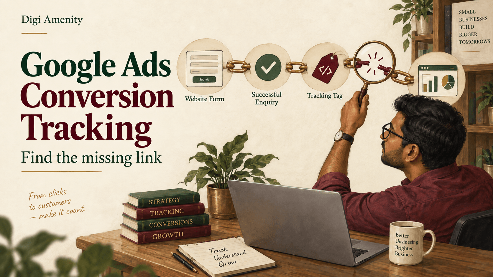 Business owner tracing a broken link between a website enquiry, tracking tag and Google Ads report.