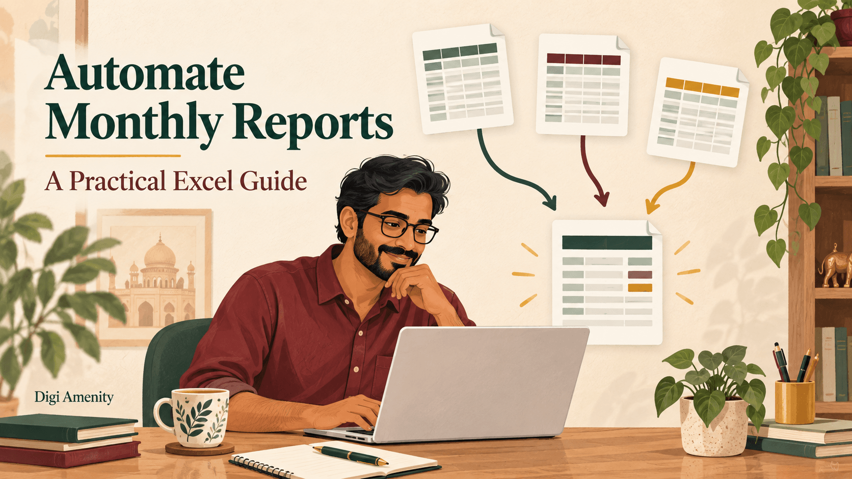 Business owner combining spreadsheet files beside the headline Automate Monthly Reports.