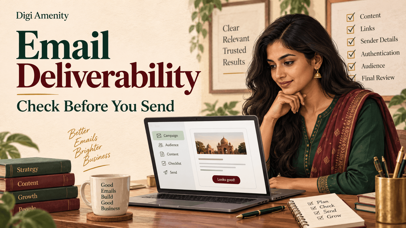 Indian business owner checking an email campaign beside the headline Email Deliverability.