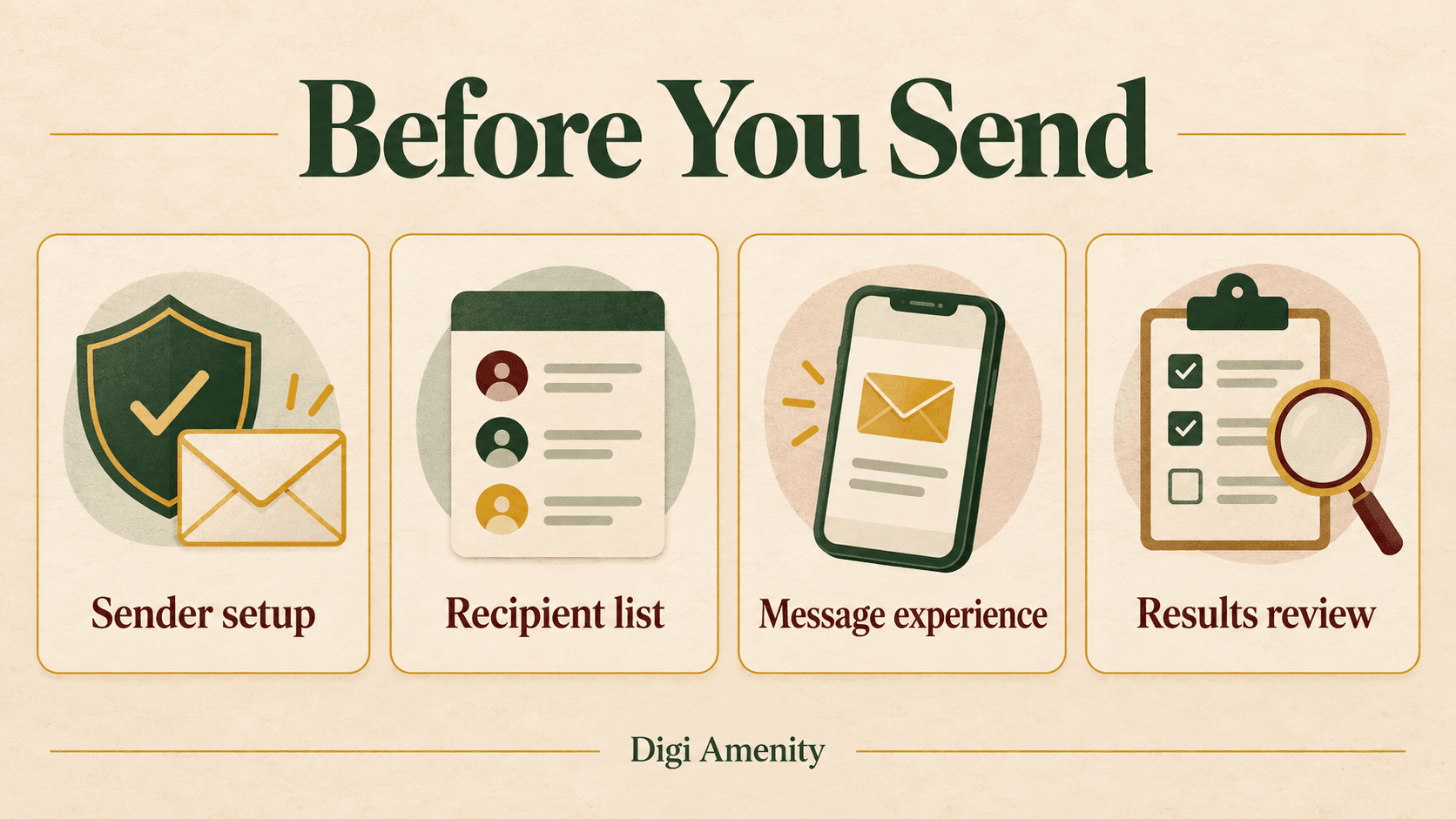 Four pre-send review cards: sender setup, recipient list, message experience and results review.