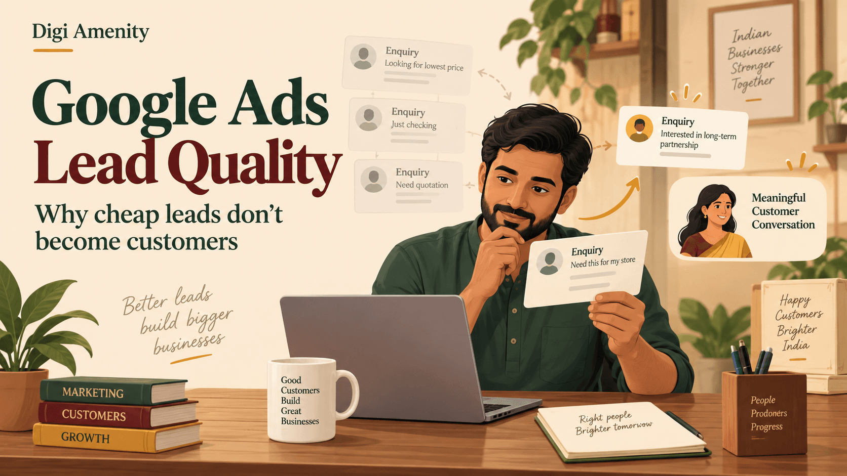 Indian business owner examining enquiry cards under the headline Google Ads Lead Quality.