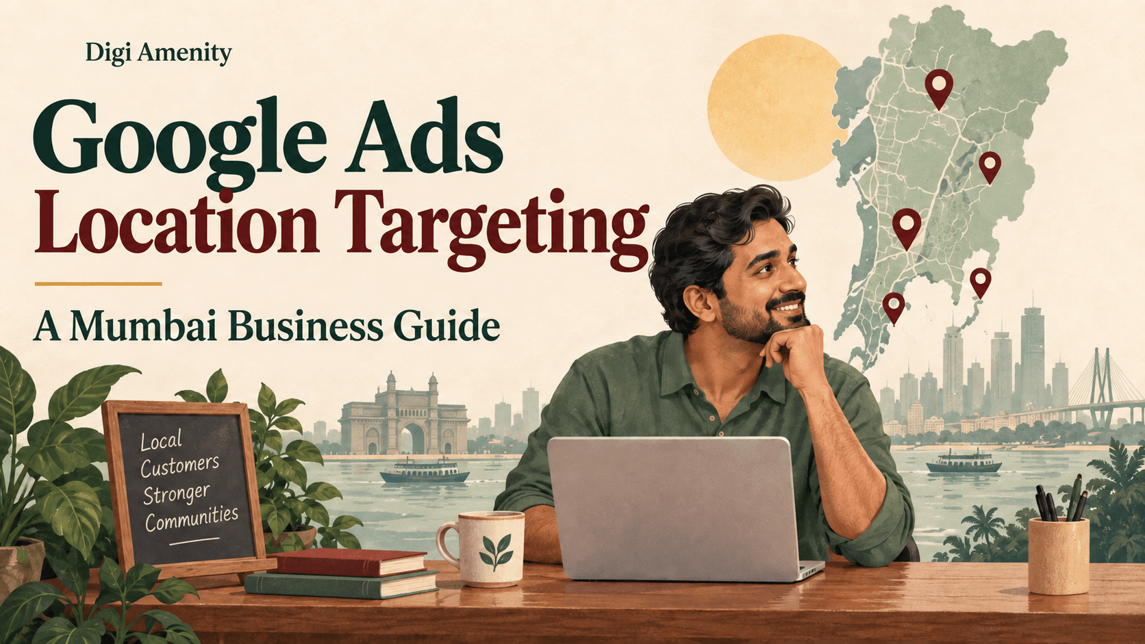 Mumbai business owner beside location pins and the headline Google Ads Location Targeting.