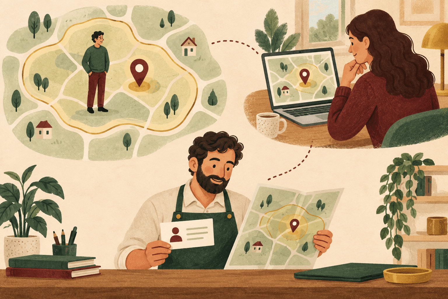 A business owner compares a person inside a service area with a remote buyer interested in that area.