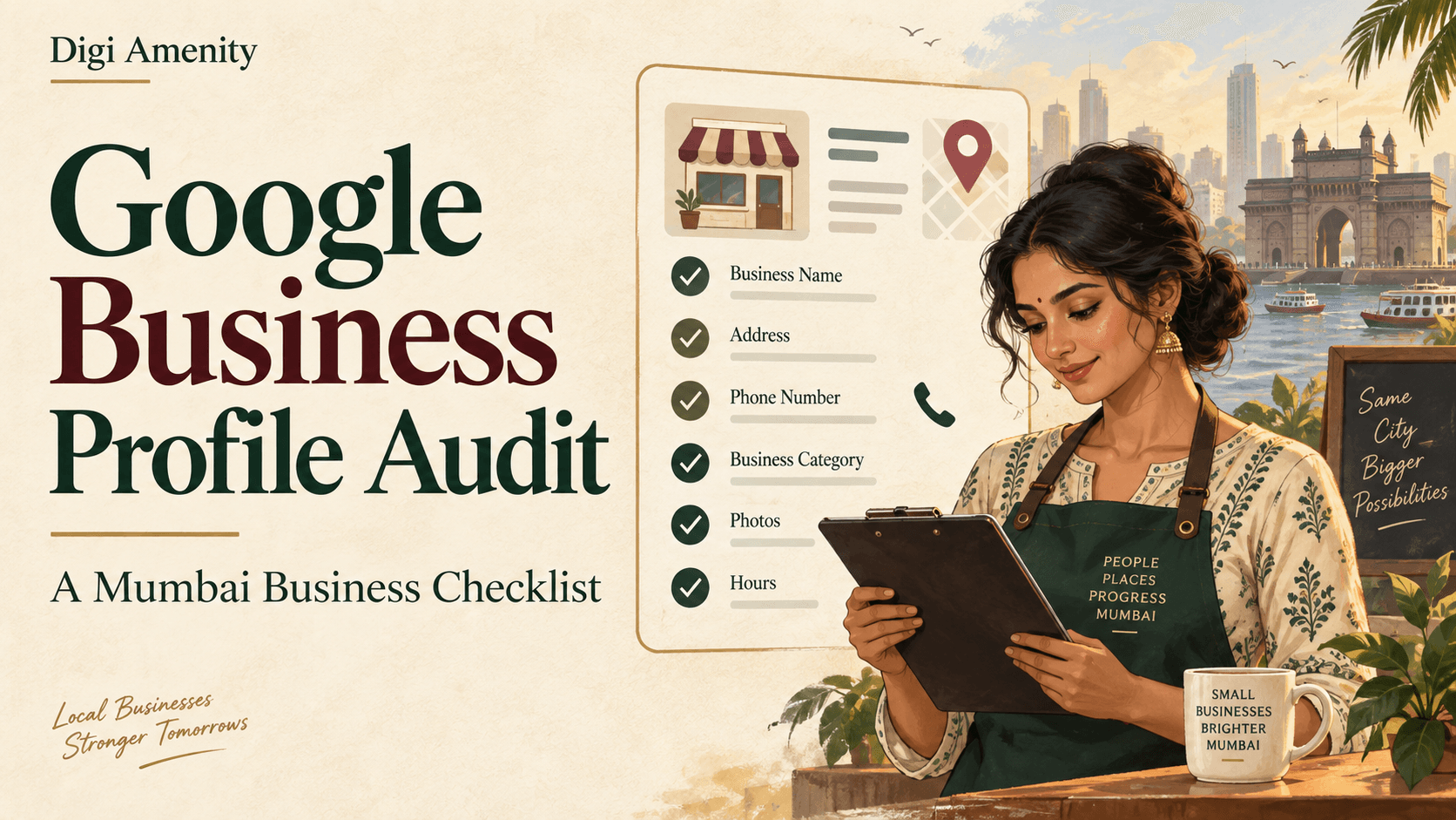 Mumbai business owner reviewing a listing checklist beside the title Google Business Profile Audit.