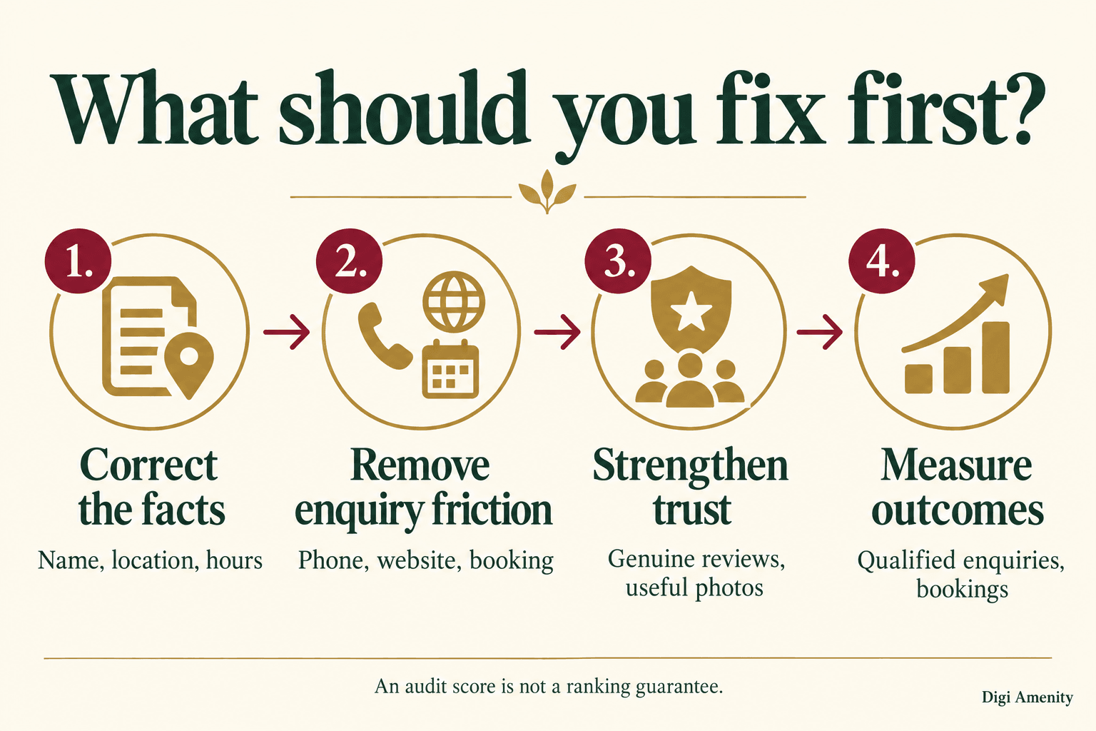 Four audit priorities: correct business facts, remove enquiry friction, strengthen trust and measure qualified enquiries and bookings.