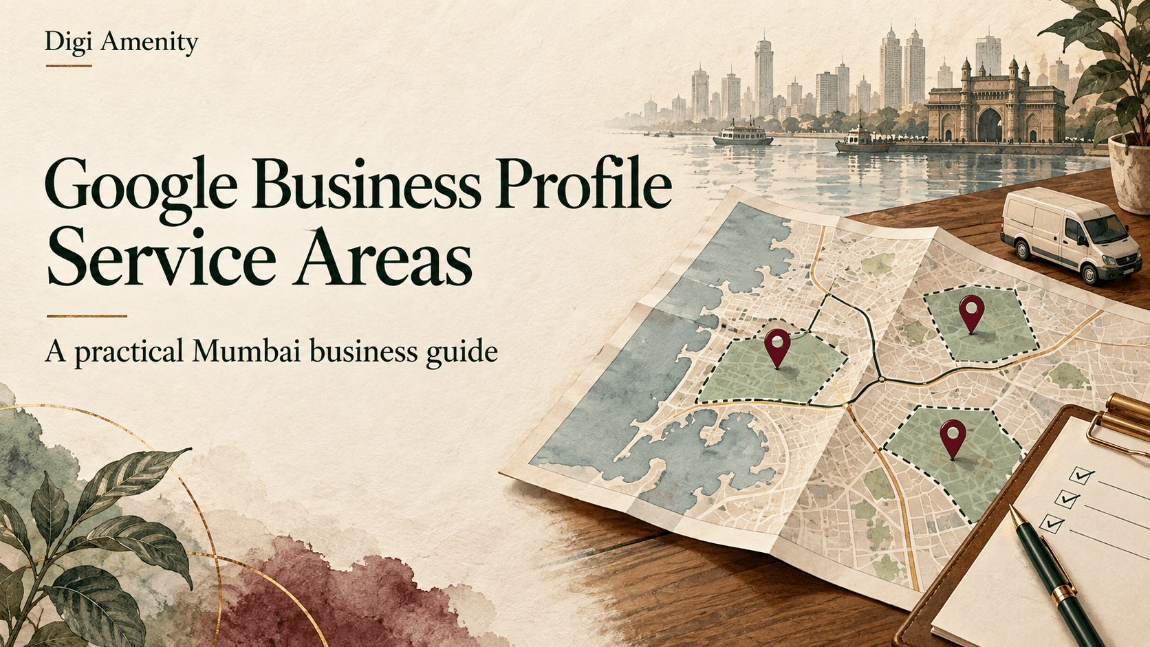 Illustrated service-coverage map, delivery van and planning checklist with a Mumbai skyline.