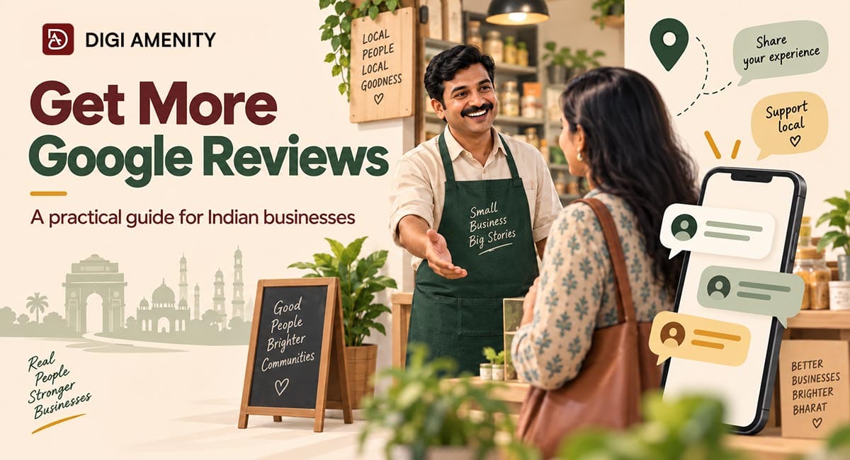 Indian shop owner greeting a customer beside review messages, with Get More Google Reviews text in burgundy and forest green on a cream background.