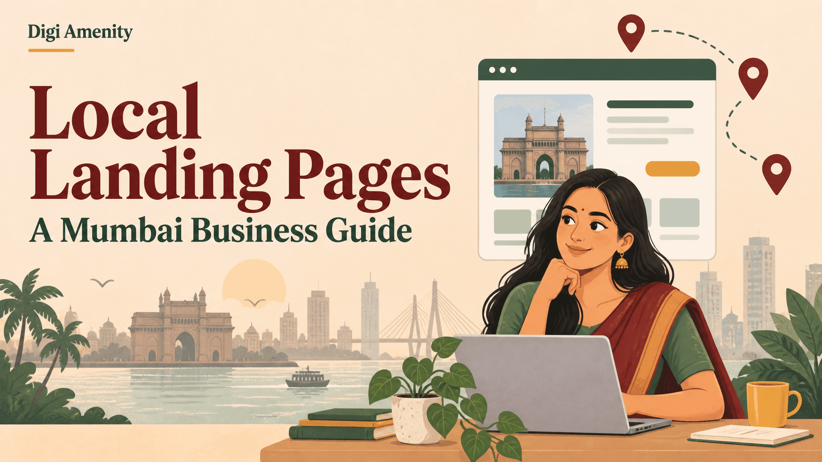 Mumbai business owner at a laptop beside the headline Local Landing Pages.