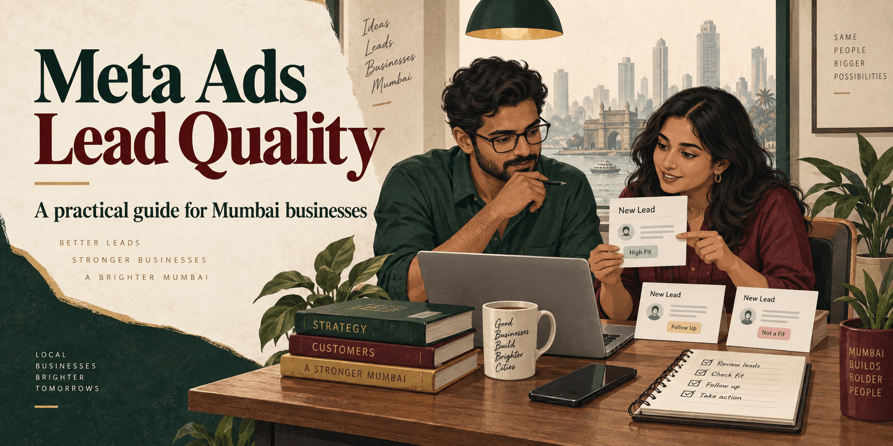 Two Indian business owners reviewing lead records with a Mumbai skyline and the headline Meta Ads Lead Quality.