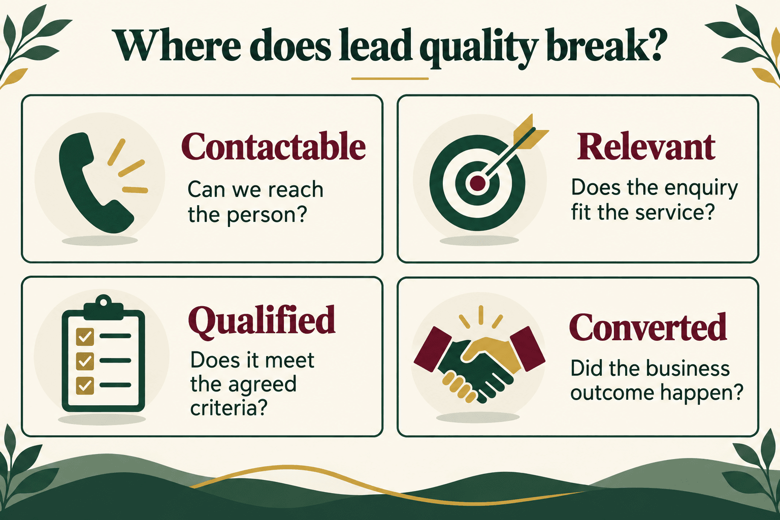 Four lead-quality stages: contactable, relevant, qualified and converted, each with a separate diagnostic question.