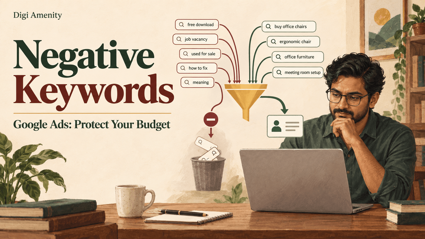 Indian business owner reviewing relevant and irrelevant Google Ads searches beside the headline Negative Keywords.