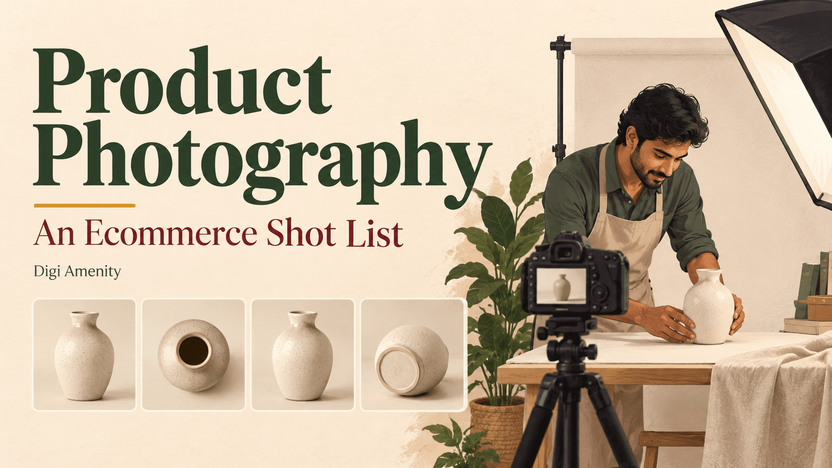 Photographer arranging a ceramic vase beside the headline Product Photography.