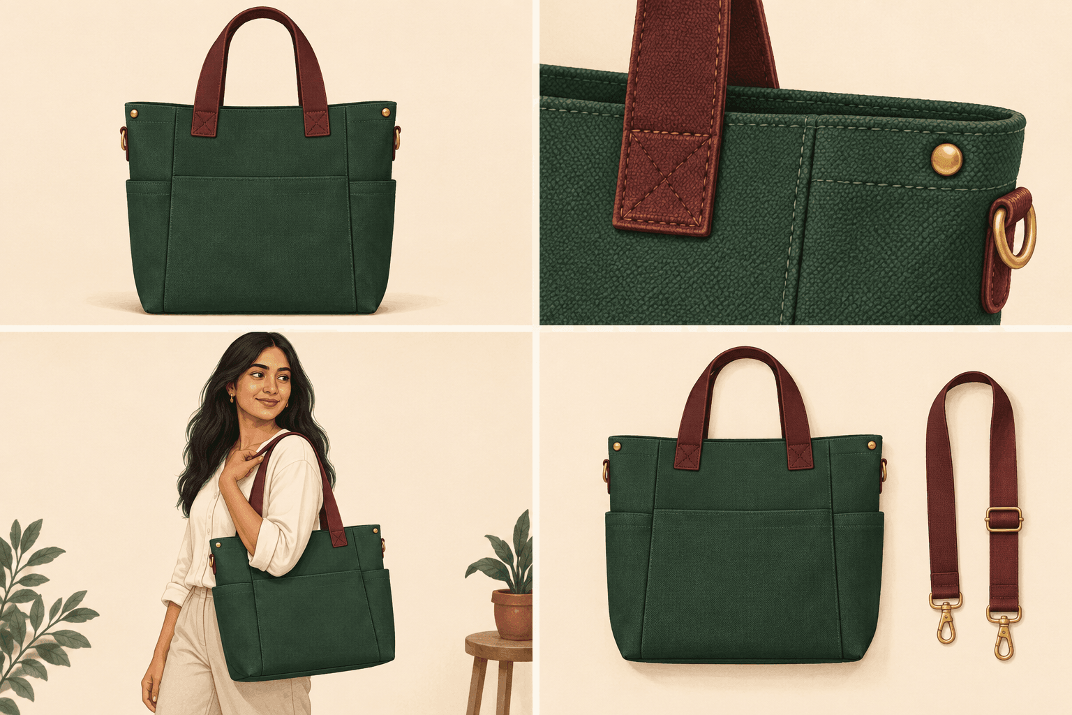 Illustrative tote-bag shot list showing the whole product, stitching detail, human scale and a separate strap.