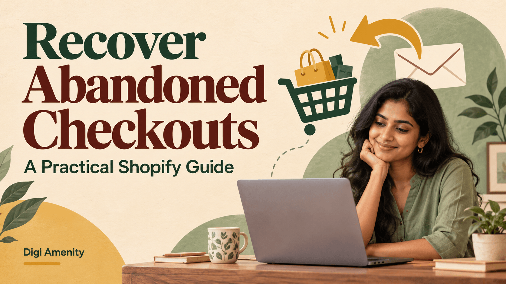 Business owner at a laptop beside a shopping basket and the headline Recover Abandoned Checkouts.