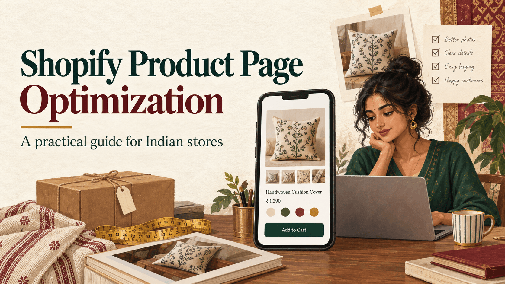 Indian ecommerce owner reviewing a fictional cushion-cover product page beside the headline Shopify Product Page Optimization.