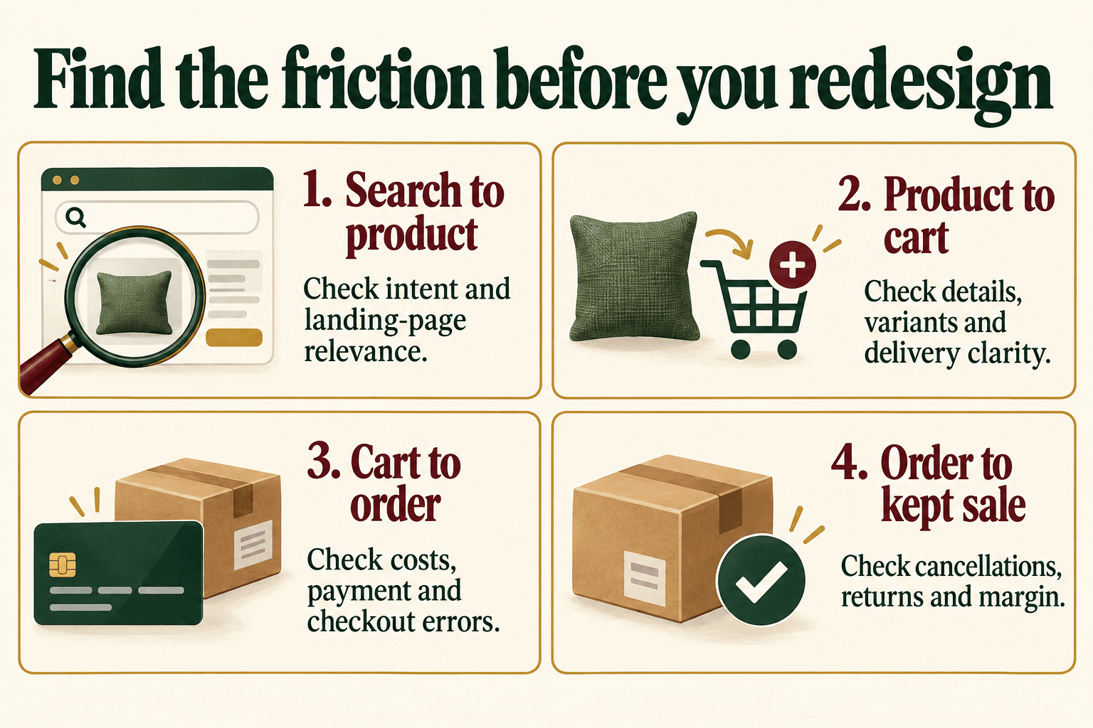 Four checks across the shopping journey: search relevance, product details and variants, checkout costs and payments, then cancellations, returns and margin.