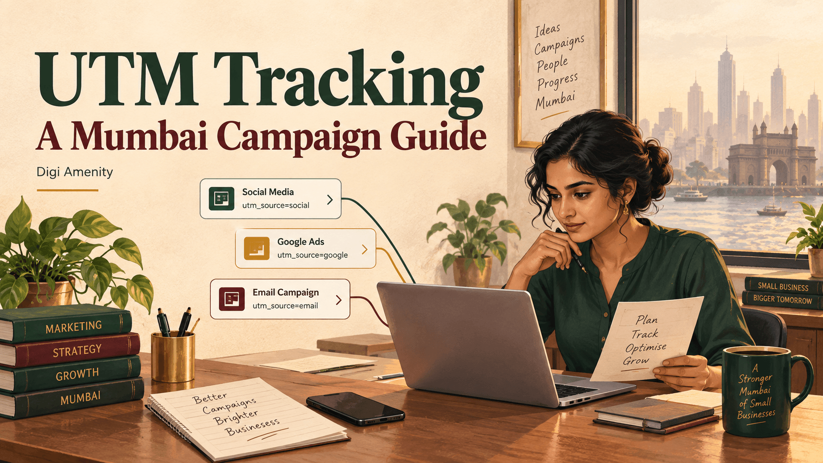 Mumbai business owner reviewing campaign links beside the headline UTM Tracking.