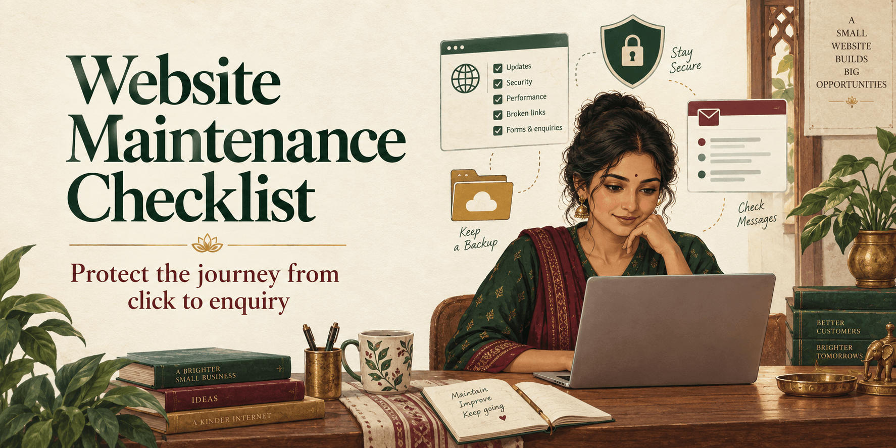 Indian business owner reviewing a laptop beside the title Website Maintenance Checklist in cream, forest-green, burgundy and gold.
