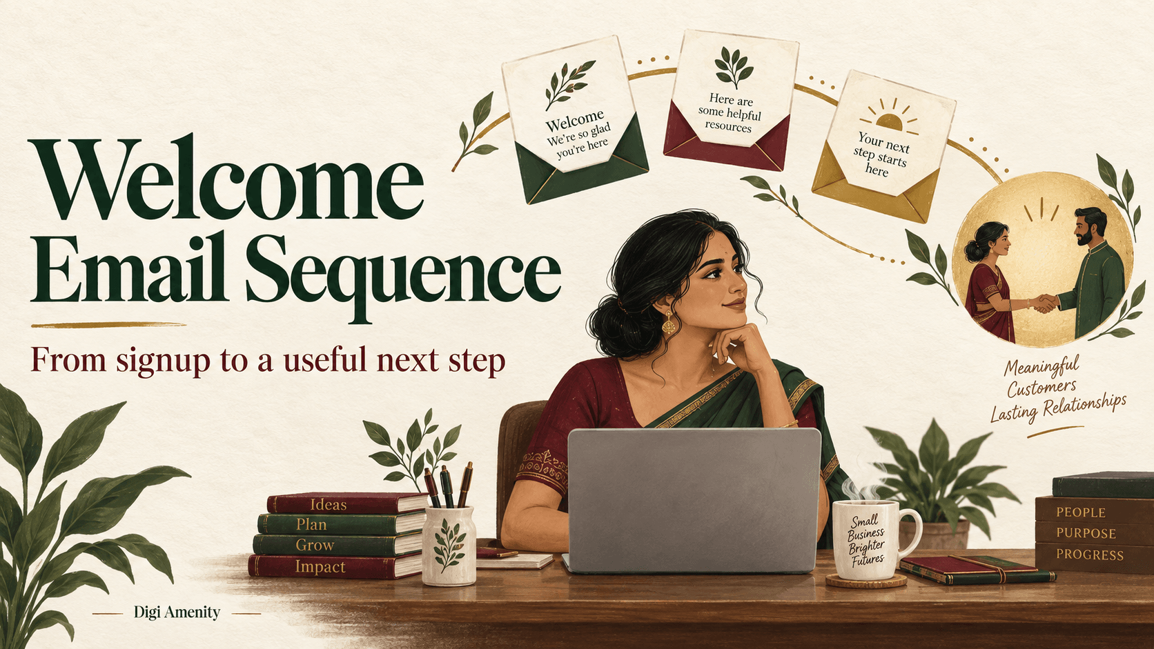 Indian business owner planning a welcome email sequence from signup to a useful next step.