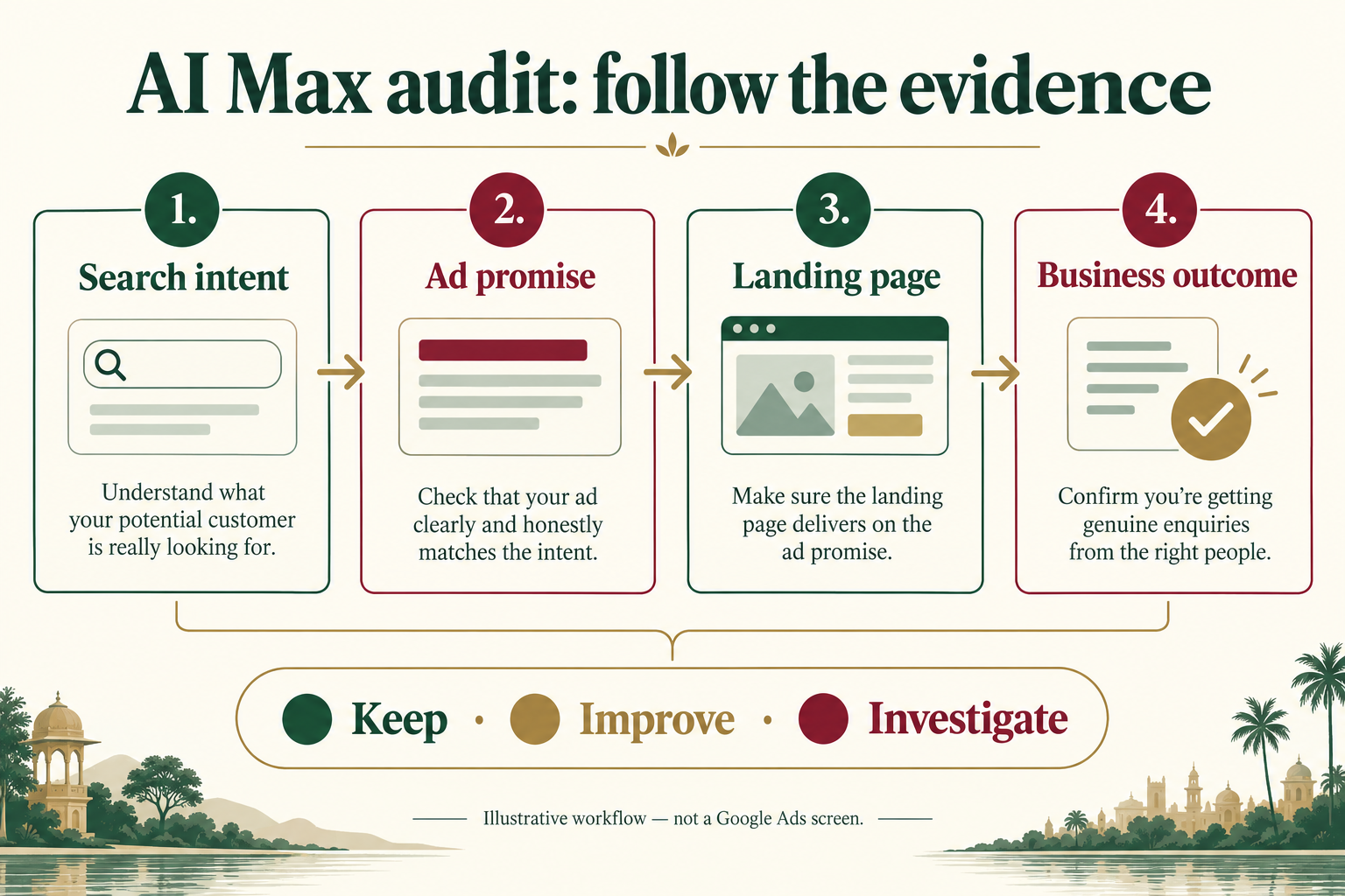 Four-step AI Max audit linking search intent, ad promise, landing page and business outcome to keep, improve or investigate decisions.