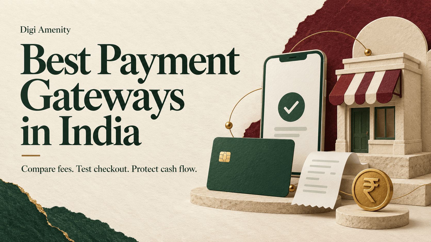 Indian online storefront, payment card and phone illustrating a guide to comparing payment gateways, fees and checkout.