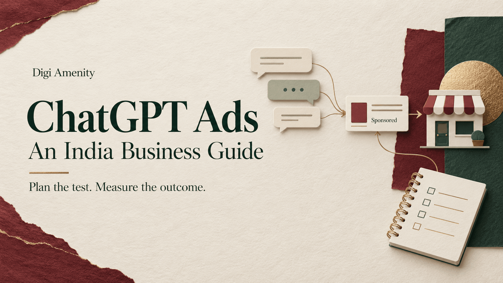 ChatGPT Ads India business guide with conversation bubbles, a sponsored card, storefront and campaign checklist.