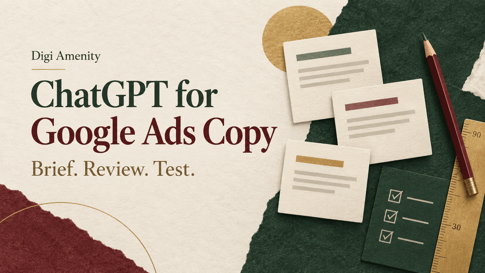ChatGPT for Google Ads copy cover with ad draft cards, a character-count ruler and a review checklist.