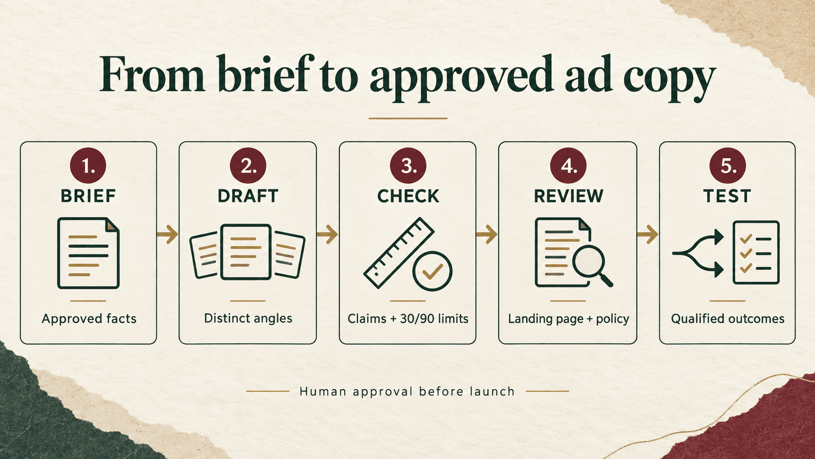 Five-stage workflow for Google Ads copy: approved brief, distinct drafts, claim and character checks, landing-page review, and testing qualified outcomes.