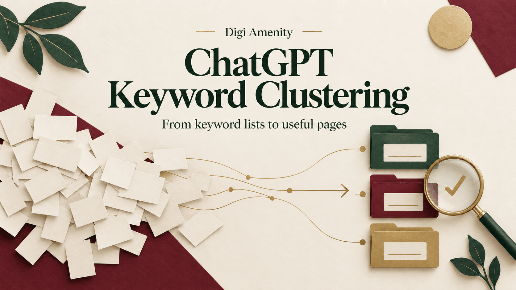 ChatGPT keyword clustering illustrated by scattered keyword cards grouped into folders, with a magnifying glass representing human review.