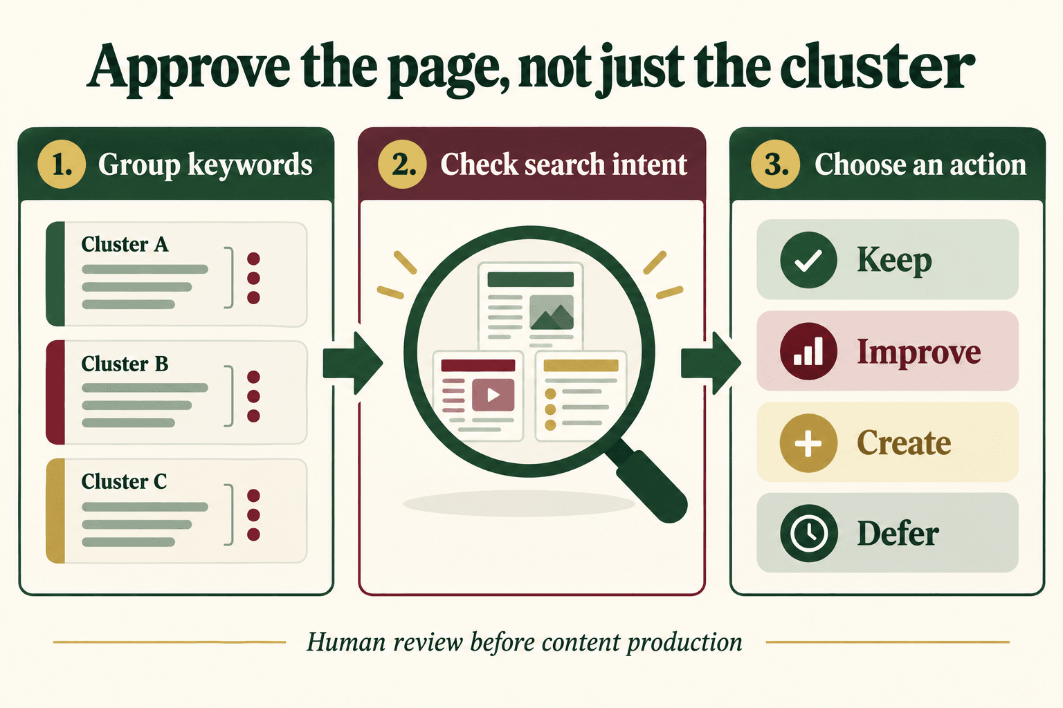 Three-step workflow: group keywords, check search intent, then choose to keep, improve, create or defer a page.
