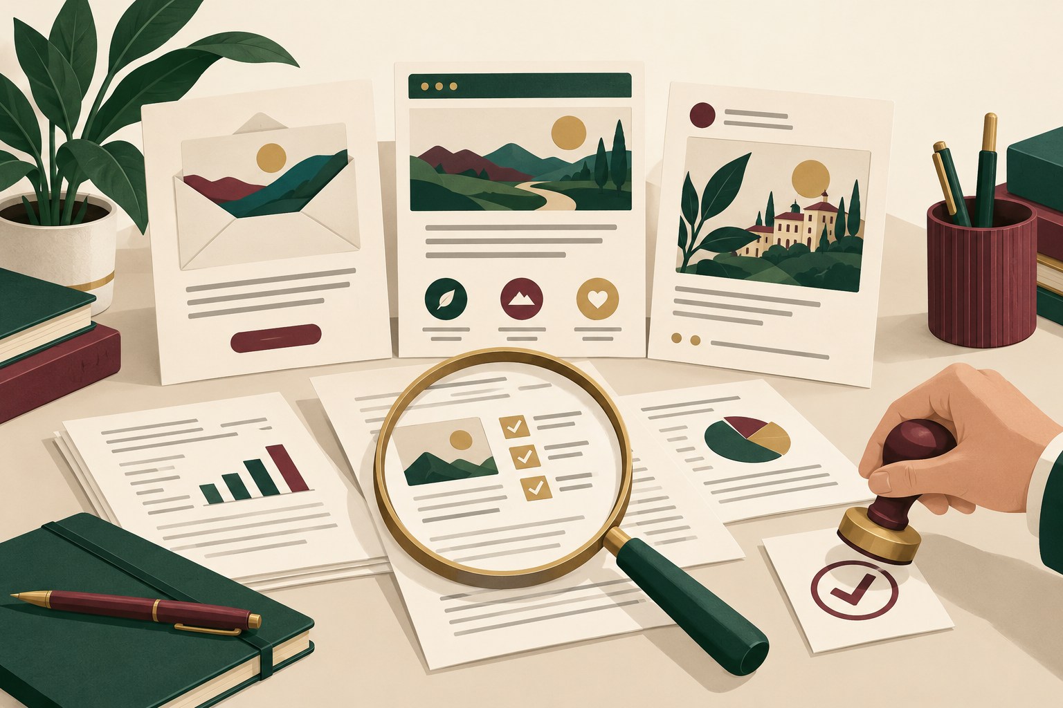 Marketing campaign cards and supporting documents on a desk represent evidence checks before human approval.