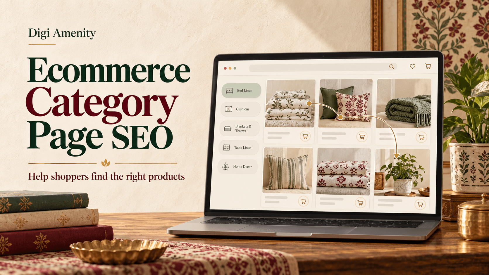 Digi Amenity ecommerce category page SEO cover with an illustrated home-linen product grid on a laptop.