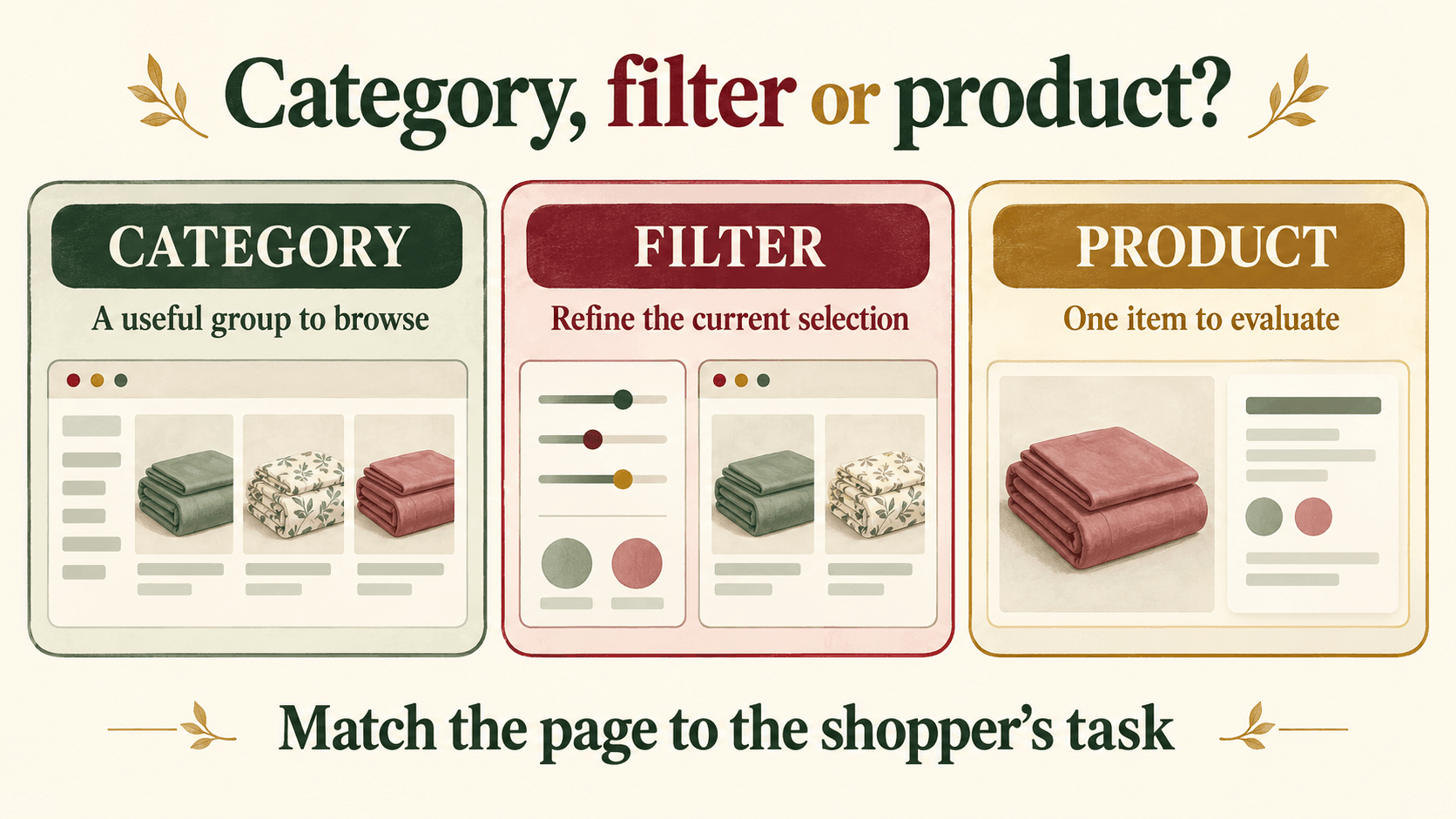 Three illustrated panels compare a category for browsing products, a filter for refining a selection and a product page for evaluating one item.
