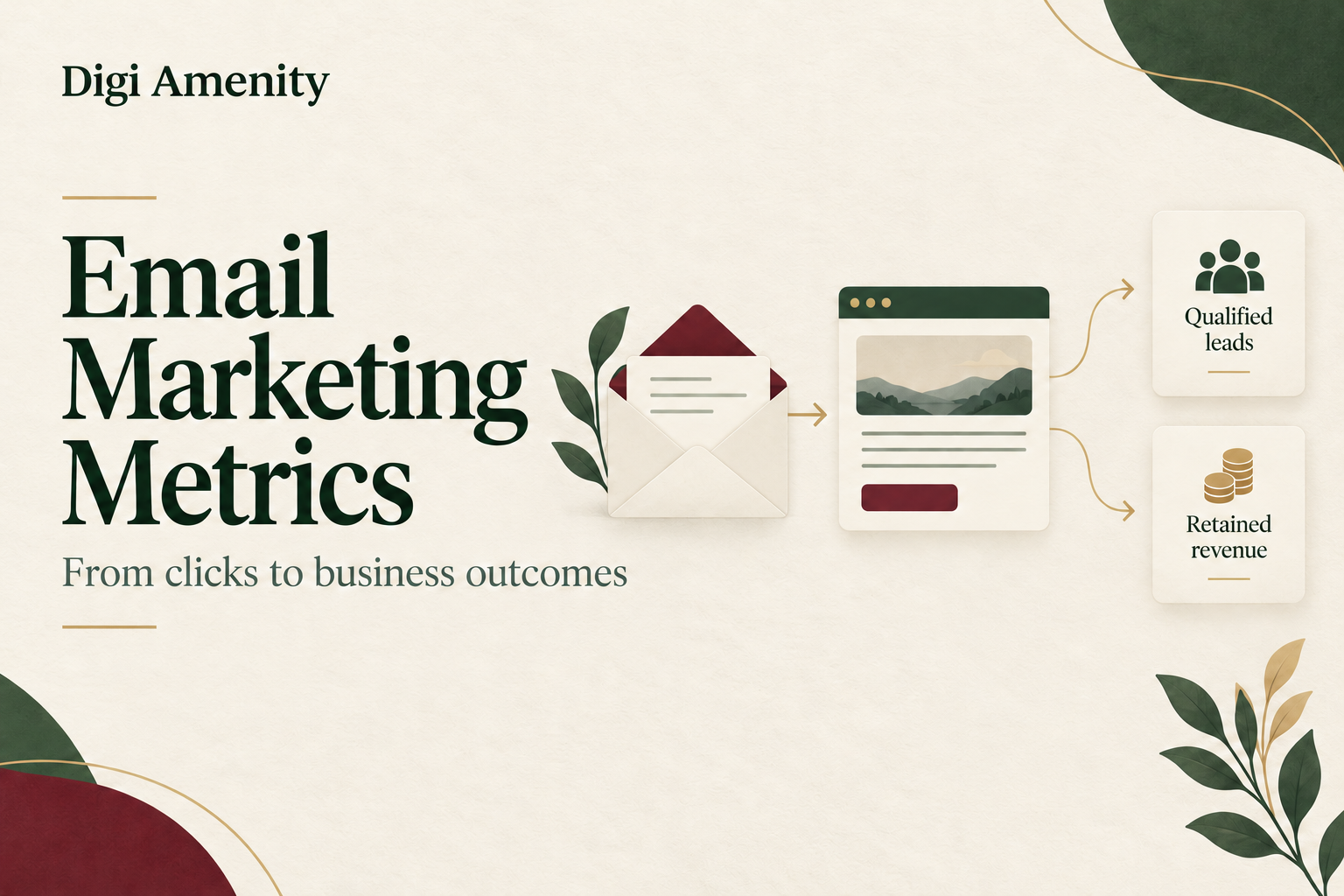 Email marketing metrics illustration connecting an email and landing page to qualified leads and retained revenue.
