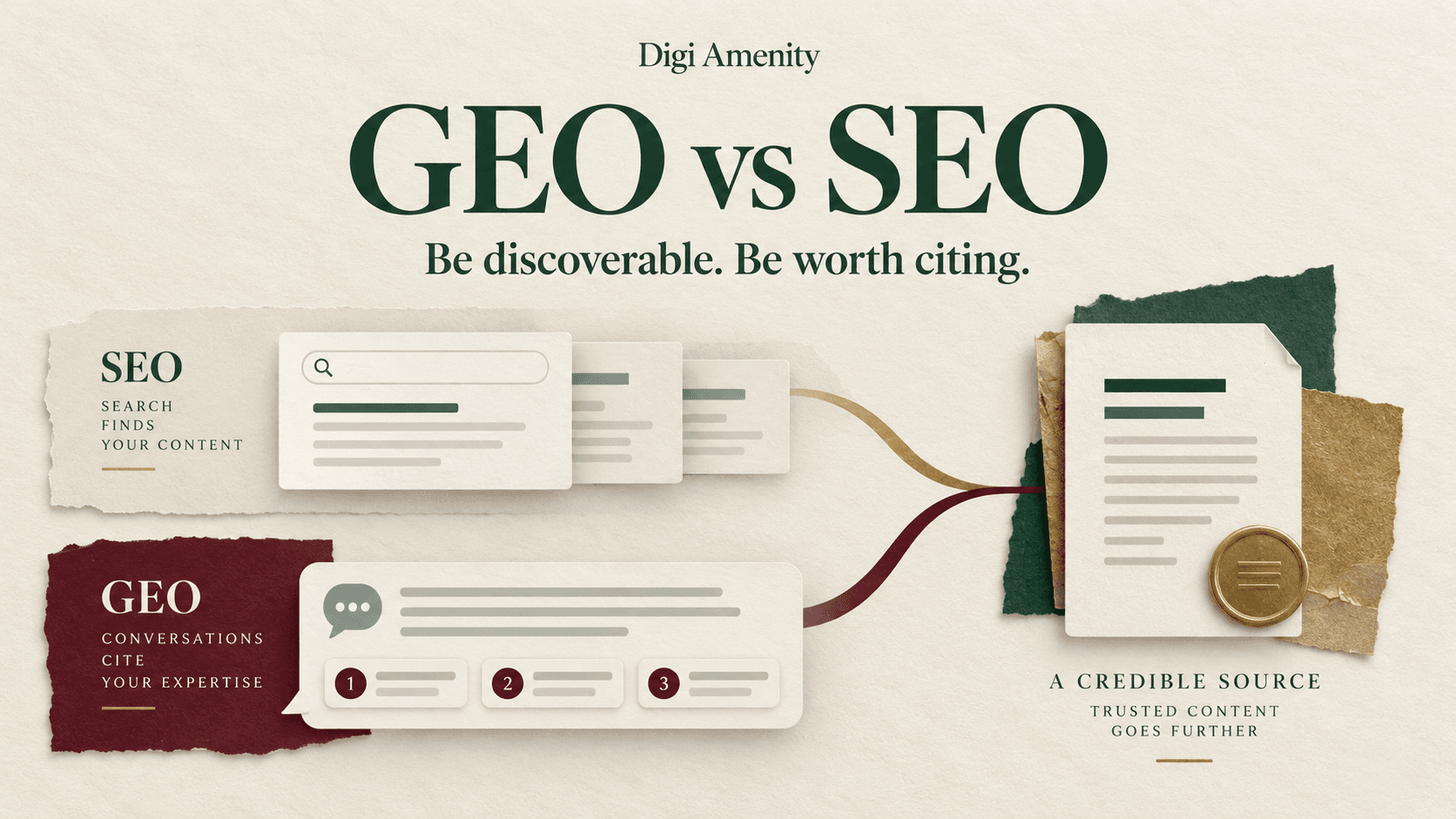 Search listings and an AI answer connected to a source document, illustrating the relationship between GEO and SEO.