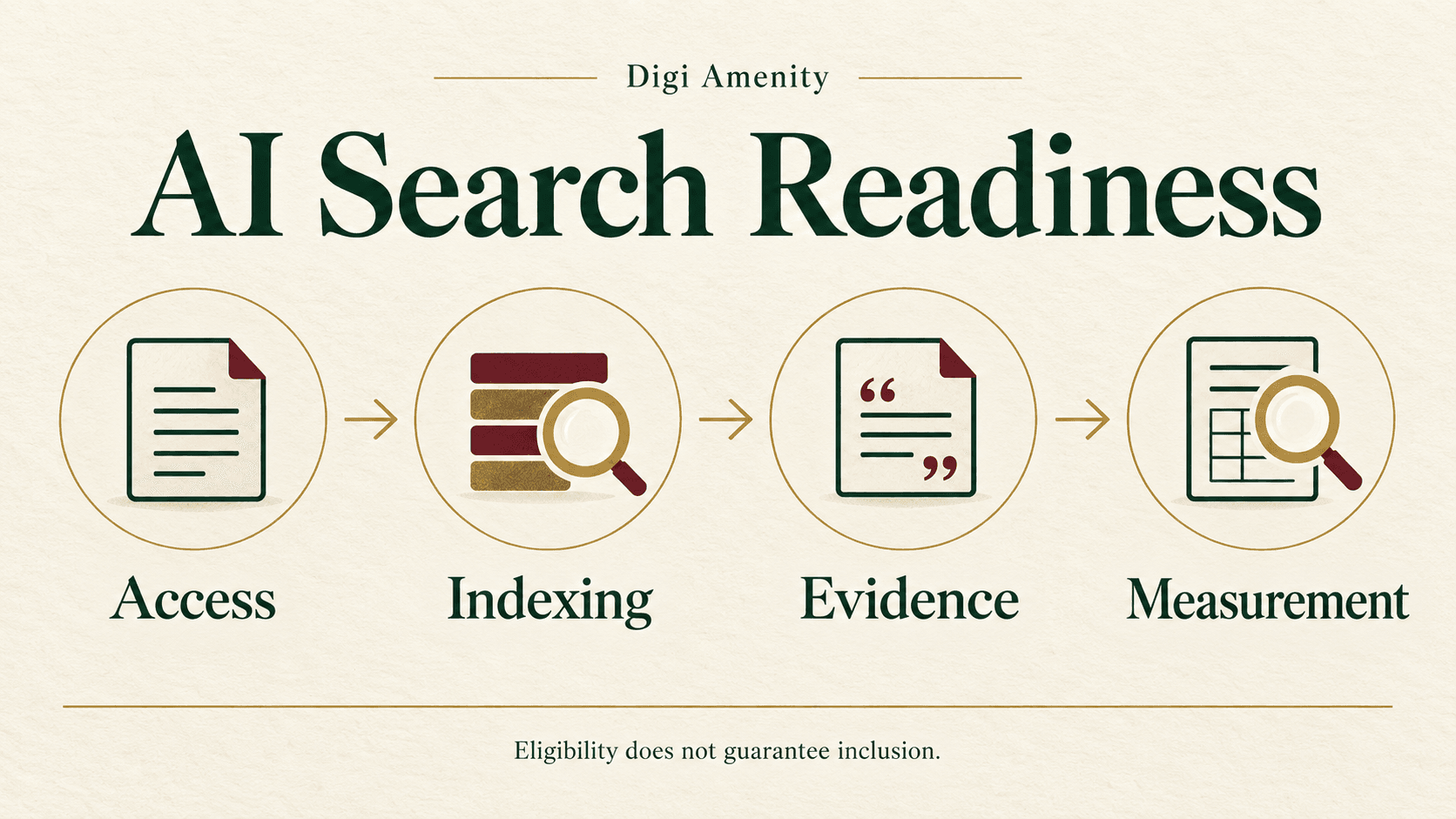 AI search readiness audit covering access, indexing, evidence and measurement, with no guarantee of inclusion.