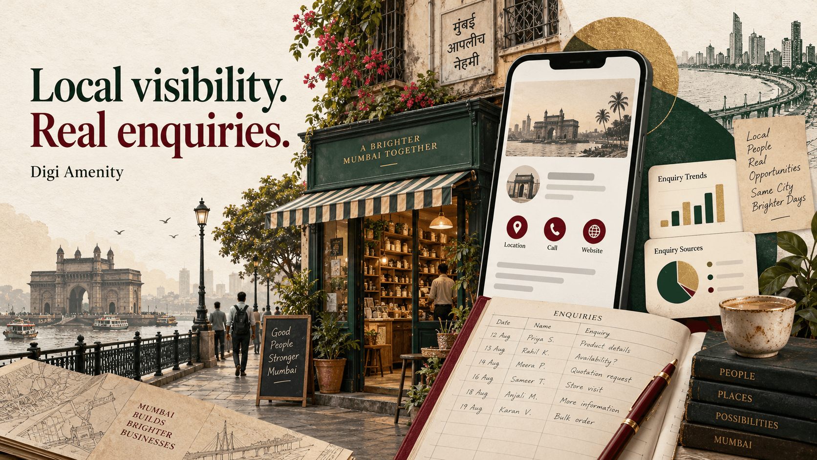 Conceptual Mumbai storefront, local profile phone screen and enquiry ledger illustrating local visibility and real enquiries.