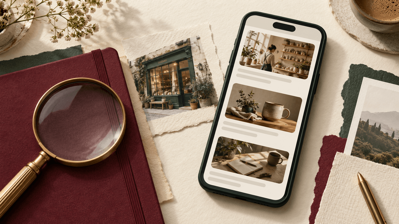 Conceptual smartphone showing image-led business articles beside a notebook and magnifying glass.