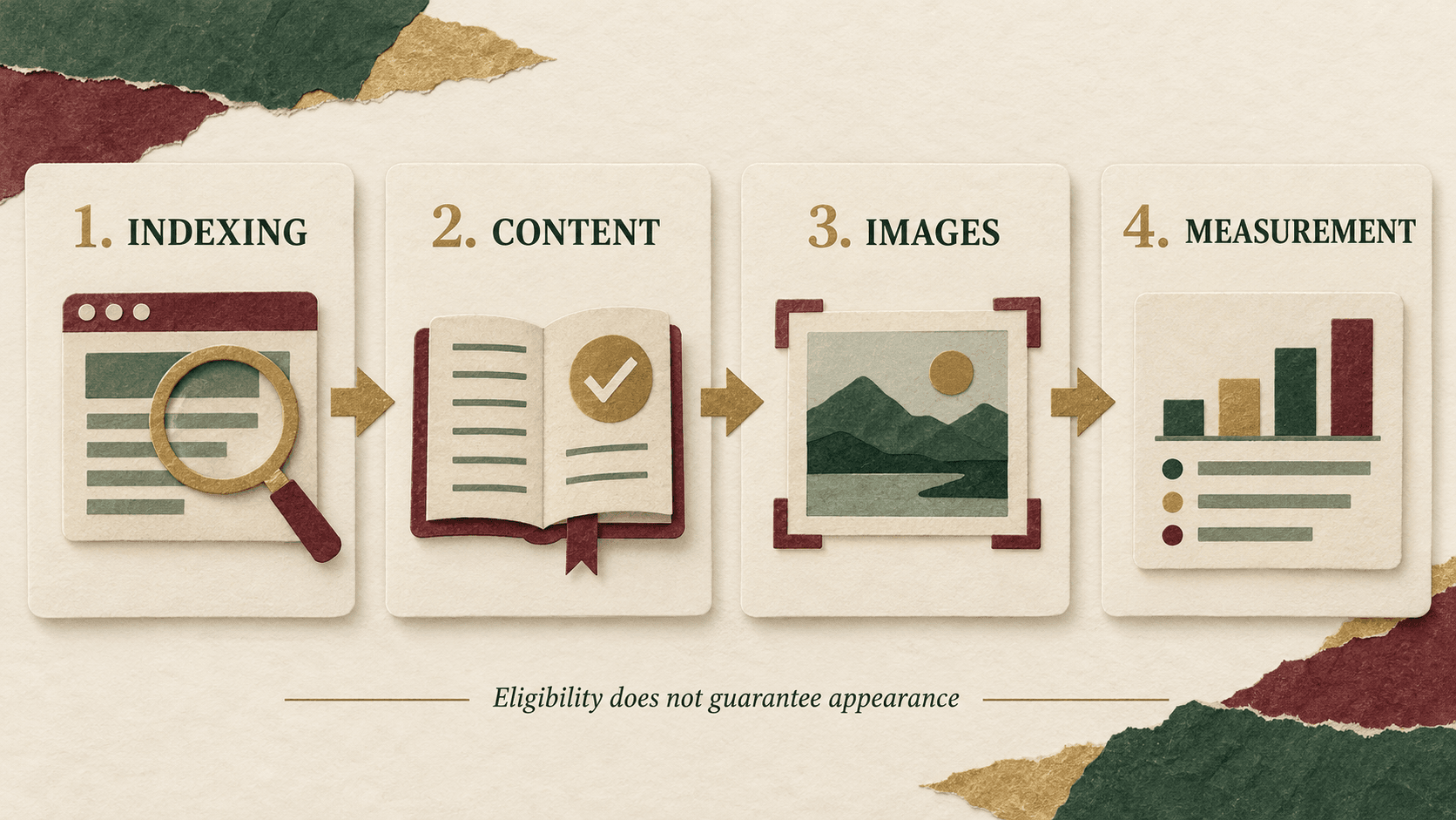 Four article audit stages: indexing, content, images and measurement, with a reminder that eligibility does not guarantee appearance.