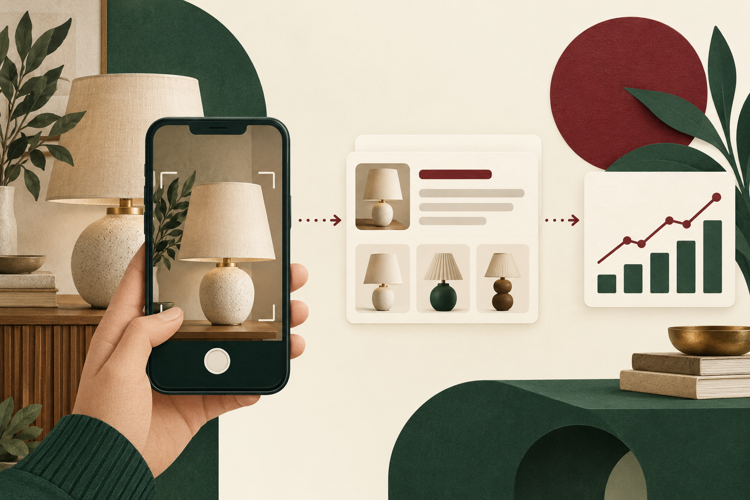 Illustration of a phone identifying a table lamp and connecting visual search to website performance reporting